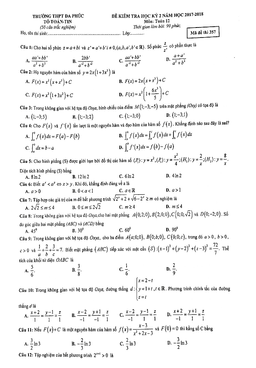 đề thi học kỳ 2 toán 12 năm học 2017 – 2018 trường thpt đa phúc – hà nội