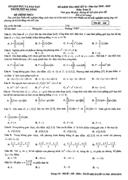 đề thi học kỳ 2 toán 12 năm học 2018 – 2019 sở gd&đt đà nẵng