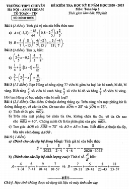 đề thi học kỳ 2 toán 6 năm 2020 – 2021 trường chuyên hà nội – amsterdam