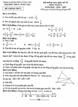 đề thi học kỳ 2 toán 6 năm 2020 – 2021 trường thcs vũng tàu – br vt