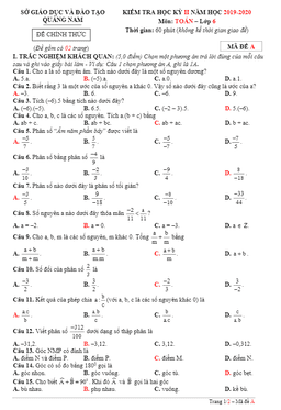 đề thi học kỳ 2 toán 6 năm học 2019 – 2020 sở gd&đt quảng nam