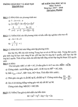 đề thi học kỳ 2 toán 8 năm 2017 – 2018 phòng gd và đt thanh oai – hà nội