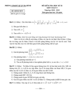 đề thi học kỳ 2 toán 9 năm 2018 – 2019 phòng gd&đt ba đình – hà nội