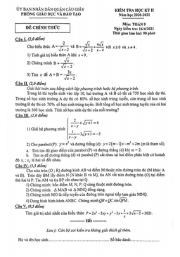 đề thi học kỳ 2 toán 9 năm 2020 – 2021 phòng gd&đt cầu giấy – hà nội