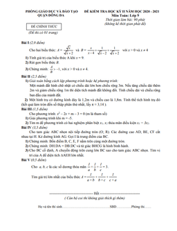 đề thi học kỳ 2 toán 9 năm 2020 – 2021 phòng gd&đt đống đa – hà nội