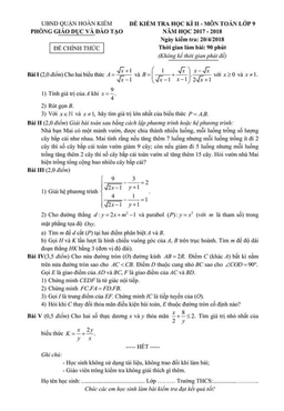 đề thi học kỳ 2 toán 9 năm học 2017 – 2018 phòng gd và đt hoàn kiếm – hà nội