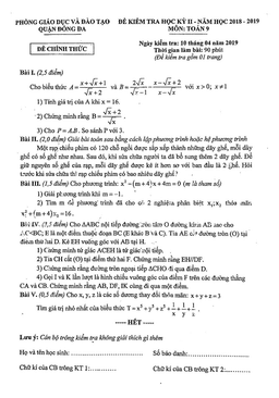 đề thi học kỳ 2 toán 9 năm học 2018 – 2019 phòng gd&đt đống đa – hà nội
