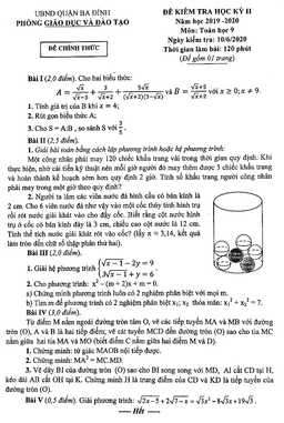 đề thi học kỳ 2 toán 9 năm học 2019 – 2020 phòng gd&đt ba đình – hà nội