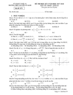 đề thi học kỳ i toán 11 năm học 2017 – 2018 trường thpt nguyễn sỹ sách – nghệ an