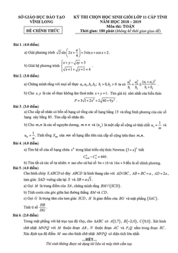 đề thi học sinh giỏi cấp tỉnh toán 11 năm 2018 – 2019 sở gd&đt vĩnh long