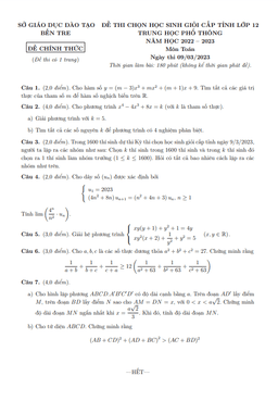 đề thi học sinh giỏi cấp tỉnh toán 12 năm 2022 – 2023 sở gd&đt bến tre