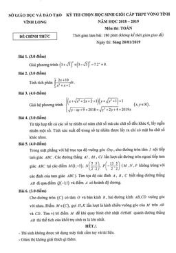 đề thi học sinh giỏi cấp tỉnh toán thpt năm 2018 – 2019 sở gd&đt vĩnh long
