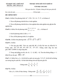 đề thi học sinh giỏi toán 10 năm 2012 – 2013 trường thpt thuận an – tt huế