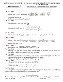 đề thi học sinh giỏi toán 9 năm 2019 – 2020 phòng gd&đt bình xuyên – vĩnh phúc