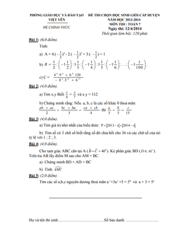đề thi hsg huyện toán 7 năm 2013 – 2014 phòng gd&đt việt yên – bắc giang