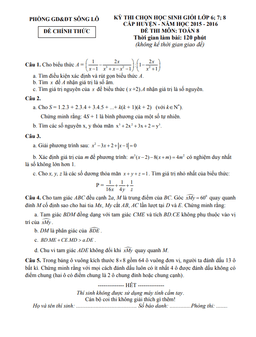 đề thi hsg toán 8 cấp huyện năm 2015 – 2016 phòng gd&đt sông lô – vĩnh phúc