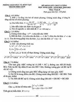 đề thi hsg toán 8 năm 2020 – 2021 phòng gd&đt thành phố vinh – nghệ an