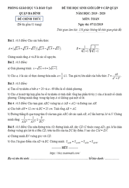 đề thi hsg toán 9 cấp quận năm 2019 – 2020 phòng gd&đt ba đình – hà nội