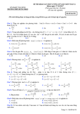 đề thi khảo sát chất lượng giữa kỳ 1 môn toán 11 trường thpt hưng nhân – thái bình