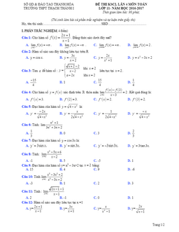 đề thi khảo sát chất lượng toán 11 năm học 2016 – 2017 trường thpt thạch thành 1 – thanh hóa lần 4