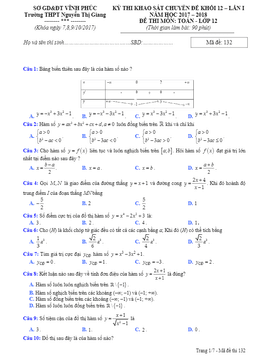đề thi khảo sát chuyên đề toán 12 lần 1 năm học 2017 – 2018 trường thpt nguyễn thị giang – vĩnh phúc