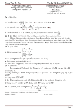 đề thi khảo sát toán 9 năm học 2017 – 2018 phòng gd và đt ba đình – hà nội