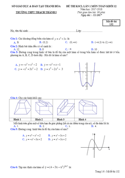 đề thi kscl lần 1 môn toán khối 12 năm học 2017 – 2018 trường thpt thạch thành i – thanh hóa