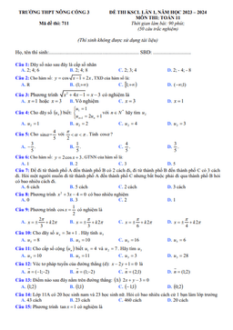 đề thi kscl lần 1 toán 11 năm 2023 – 2024 trường thpt nông cống 3 – thanh hóa