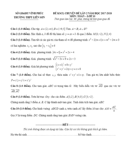 đề thi kscl toán 10 lần 2 năm học 2017 – 2018 trường thpt liễn sơn – vĩnh phúc