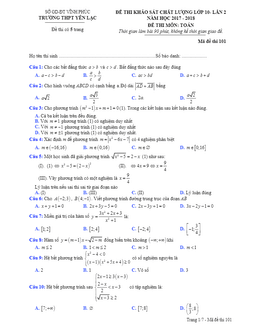 đề thi kscl toán 10 lần 2 năm học 2017 – 2018 trường thpt yên lạc – vĩnh phúc