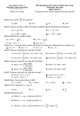 đề thi kscl toán 11 đầu năm học 2021 – 2022 trường thpt mai sơn – sơn la