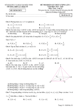 đề thi kscl toán 11 lần 1 năm 2019 – 2020 trường thpt lý thái tổ – bắc ninh
