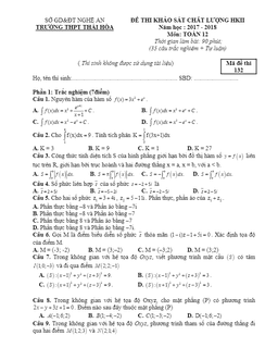đề thi kscl toán 12 hk2 năm 2017 – 2018 trường thpt thái hòa – nghệ an