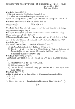 đề thi môn toán 10 lần 2 năm 2018 – 2019 trường thạch thành 1 – thanh hóa