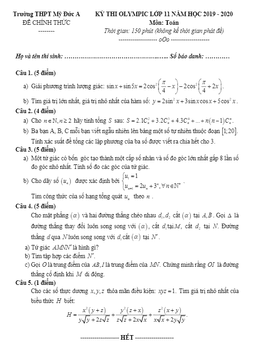 đề thi olympic toán 11 năm 2019 – 2020 trường thpt mỹ đức a – hà nội