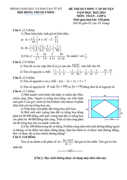 đề thi olympic toán 6 năm 2022 – 2023 phòng gd&đt tứ kỳ – hải dương