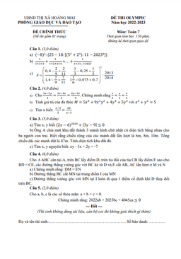 đề thi olympic toán 7 năm 2022 – 2023 phòng gd&đt hoàng mai – nghệ an