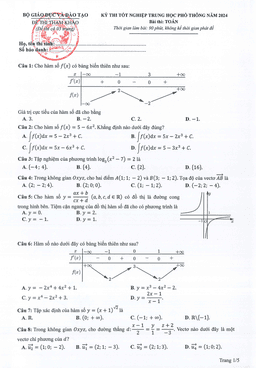 đề thi tham khảo kỳ thi tốt nghiệp thpt năm 2024 môn toán