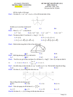 đề thi thử chuyên đề toán 12 lần 2 năm 2020 – 2021 trường thpt tam dương – vĩnh phúc