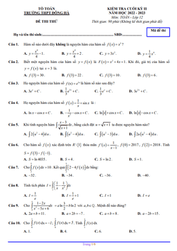 đề thi thử cuối kỳ 2 toán 12 năm 2022 – 2023 trường thpt đông hà – quảng trị