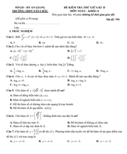 đề thi thử giữa kì 2 toán 11 năm 2023 – 2024 trường thpt tân châu – an giang