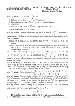 đề thi thử thpt quốc gia 2015 môn toán trường đoàn thượng – hải dương lần 3