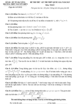 đề thi thử thpt quốc gia 2015 môn toán trường nguyễn hiền – đà nẵng