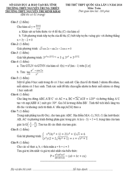 đề thi thử thpt quốc gia 2016 môn toán lần 1 trường thpt nguyễn trung thiên – hà tĩnh