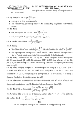 đề thi thử thpt quốc gia 2016 môn toán lần 1 trường thpt trần phú – hà tĩnh