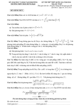 đề thi thử thpt quốc gia 2016 môn toán lần 2 trường thpt trần hưng đạo – đăknông
