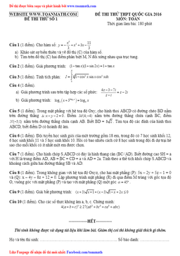 đề thi thử thpt quốc gia 2016 môn toán – toán math biên soạn – đề số 1