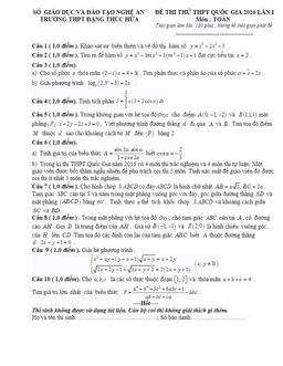 đề thi thử thpt quốc gia 2016 môn toán trường đặng thúc hứa lần 1