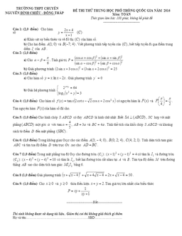 đề thi thử thpt quốc gia 2016 môn toán trường thpt nguyễn đình chiểu – đồng tháp