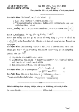 đề thi thử thpt quốc gia 2016 môn toán trường thpt yên mỹ – hưng yên